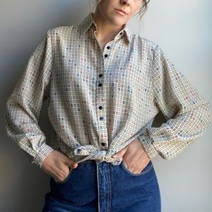 Vintage Cream Blouse with Colorful Pattern S